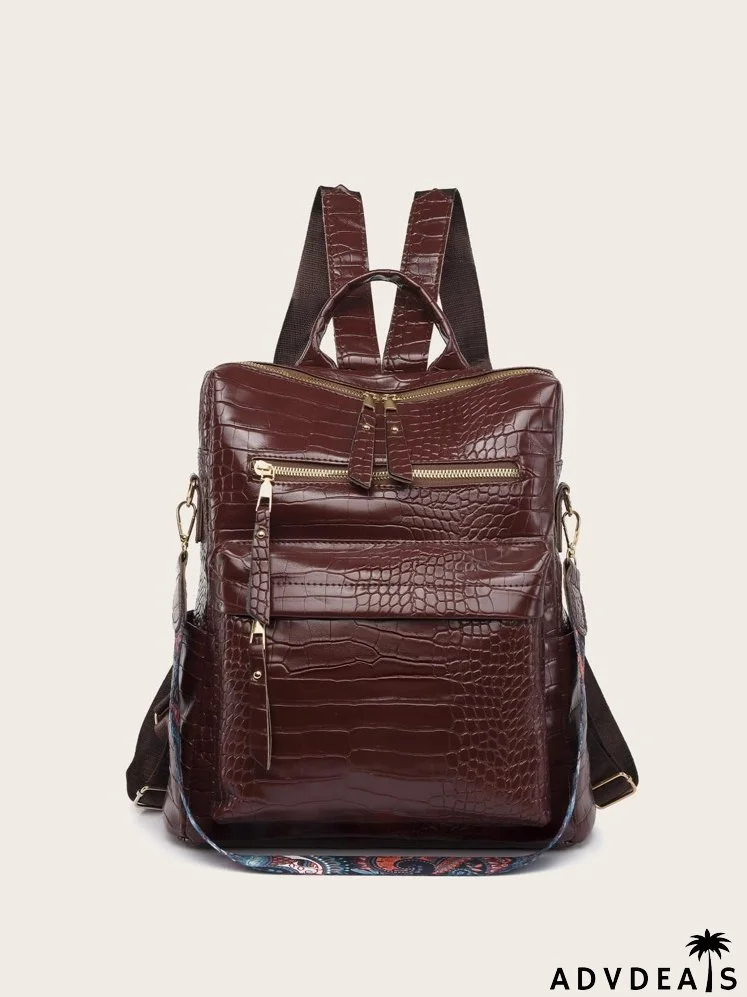 Minimalist Crocodile Embossed Functional Backpack