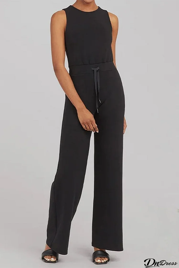 Casual Simplicity Solid Pocket O Neck Loose Jumpsuits