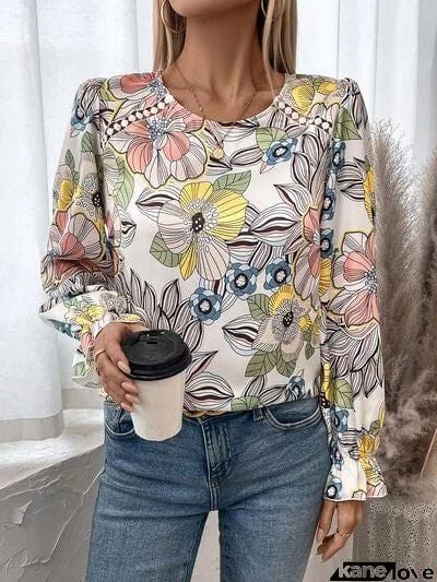 Printed Round Neck Flounce Sleeve Blouse