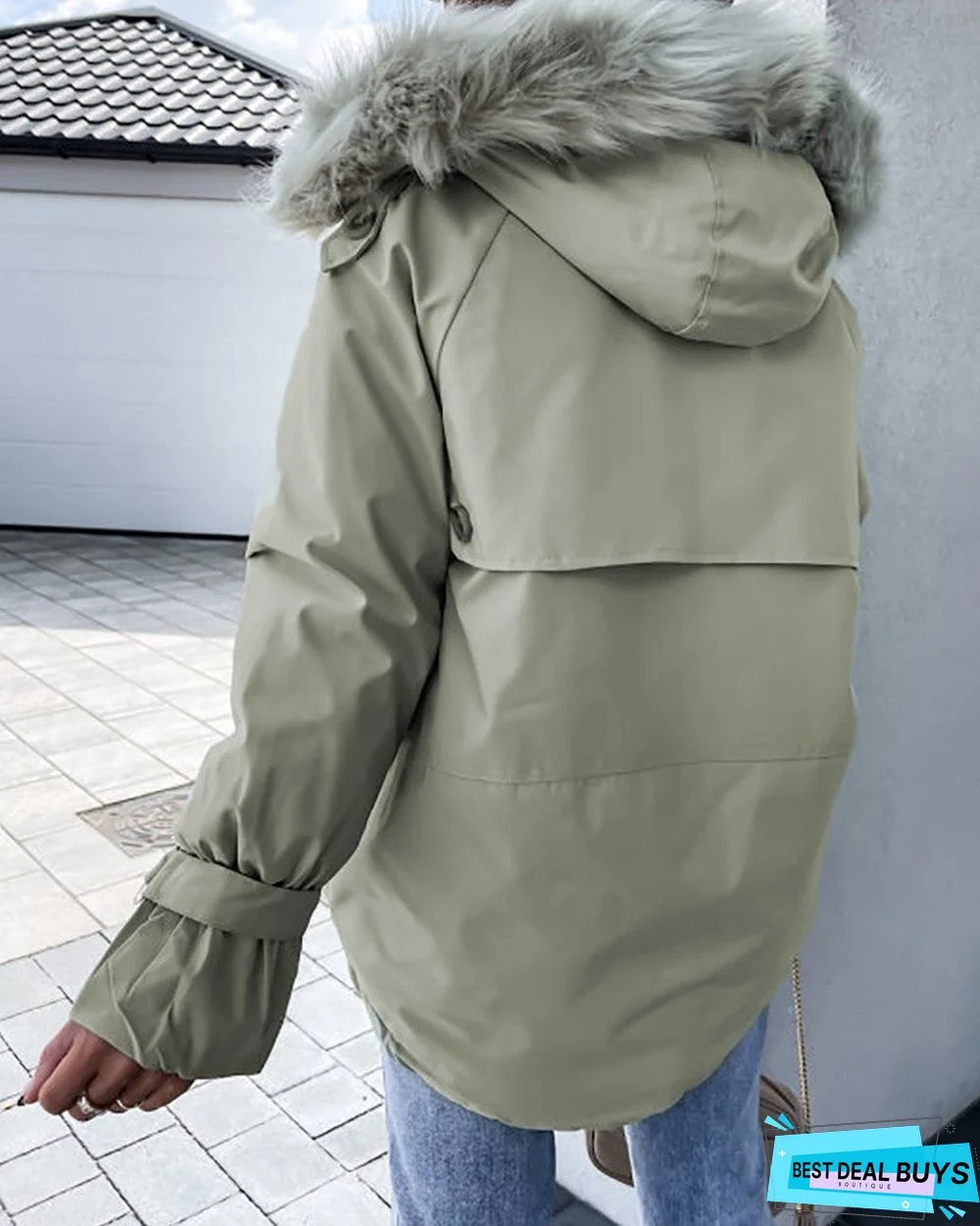 Faux Fur Patch Pocket Zipper Design Hooded Parker Coat