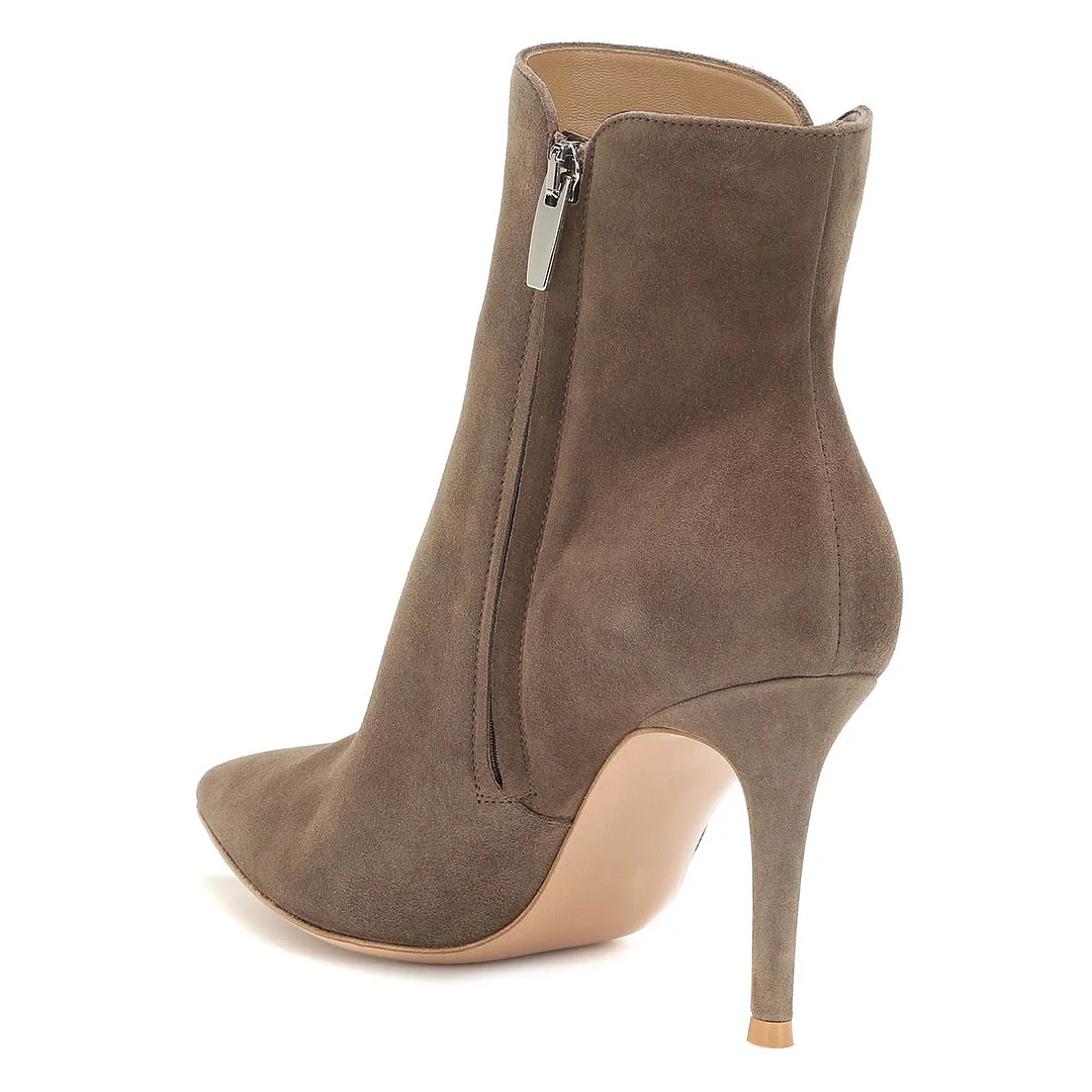 Taupe Vegan Suede Stiletto Heel Pointed Toe Ankle Boots for Women