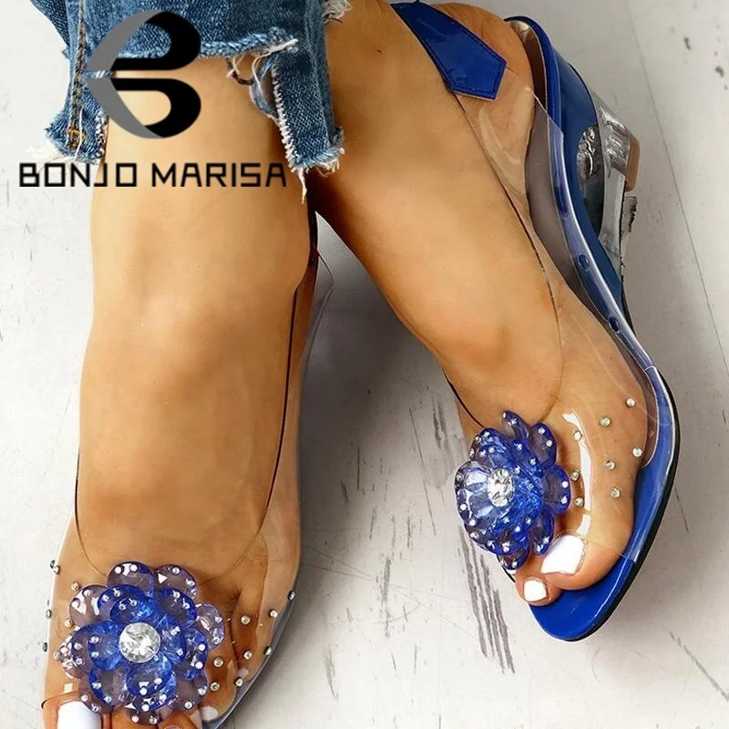 BONJOMARISA Large Size 34-43 Hot Sale INS Hot Transparent Flat Sandals Shoes Woman Elegant Flowers Wedges Sandals Women