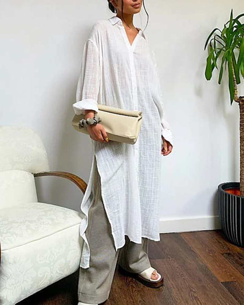 Women's Cotton Linen Simple Shirt Dress-092001