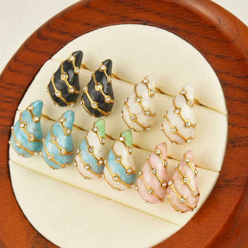 1 Pair Casual Minimalist Water Droplets Enamel Inlay 304 Stainless Steel Rhinestones Ear Studs