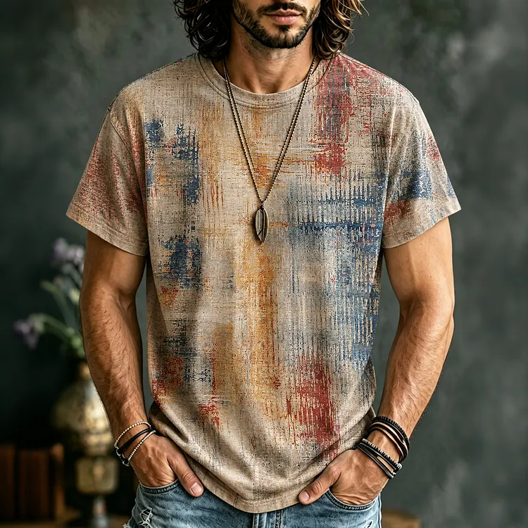 Men's Retro Geometry Gradient Print Casual Round Neck T-shirt