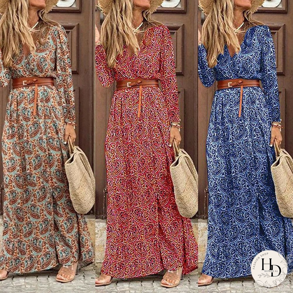 Summer Womens Fashion Retro Floral Elegant Dress Ladies Loose Casual Long One-_piece