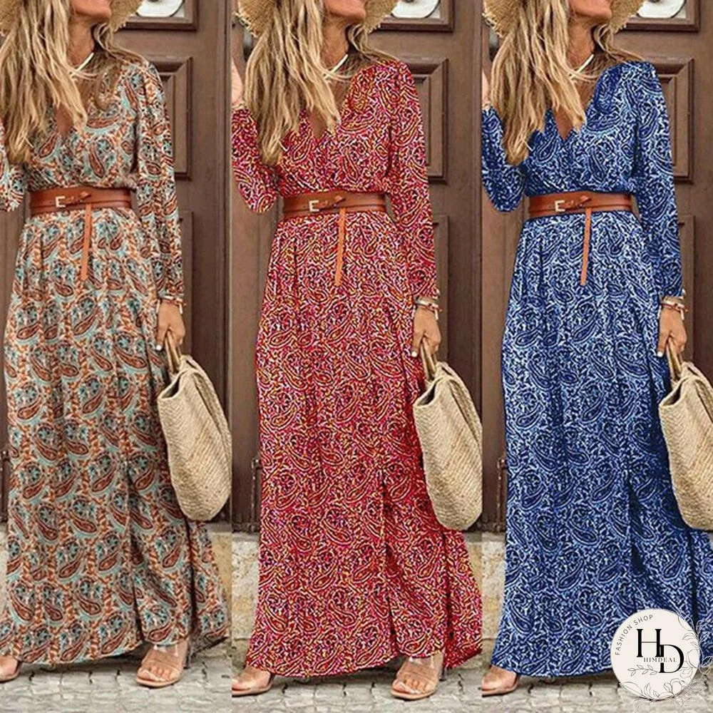 Summer Women's Fashion Retro Floral Elegant Dress Ladies Loose Casual Long Dress One-piece Bohemian Dress with Free Belt（7 Colors）