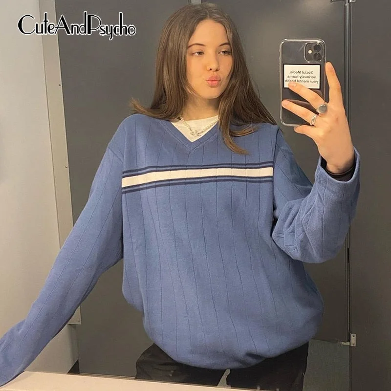 Preppy Style V-neck y2k Pullovers for Women Autumn V-neck Loose Striped Sweaters Vintage Aesthetic 90s Knitted Top Cuteandpsycho