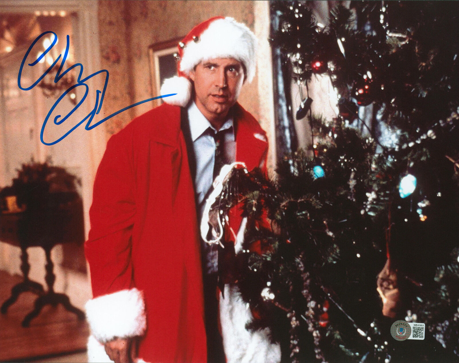 Chevy Chase Christmas Vacation Signed 11x14 Horizontal Tree Photo Poster painting w Blue Sig BAS