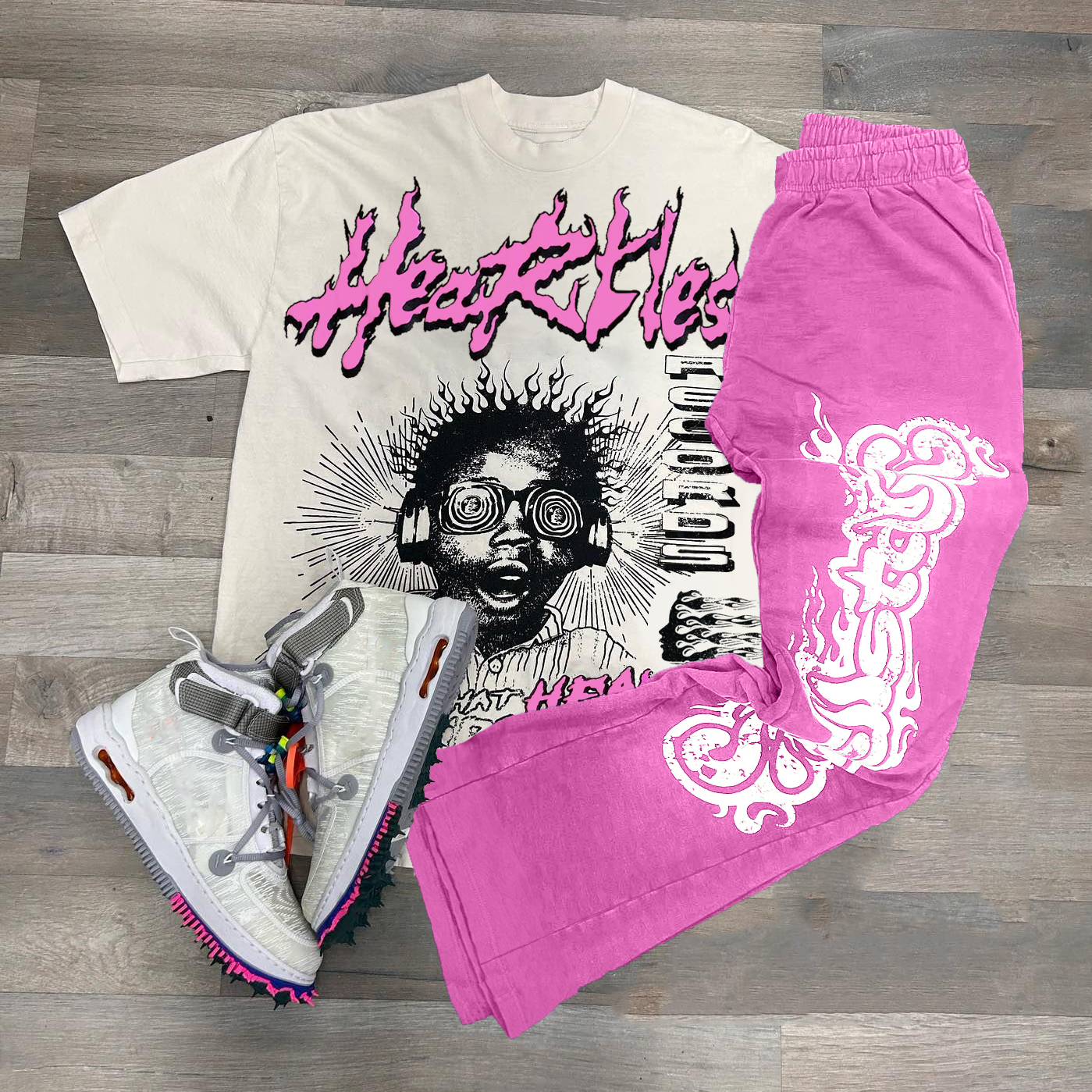 Personalized  Hip Hop Heartless Print Short Sleeve Tee & Flared Trousers Two Piece Set