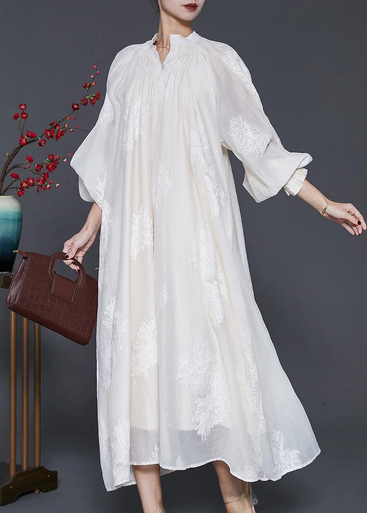 Beautiful White Embroidered Silk Maxi Dress Lantern Sleeve
