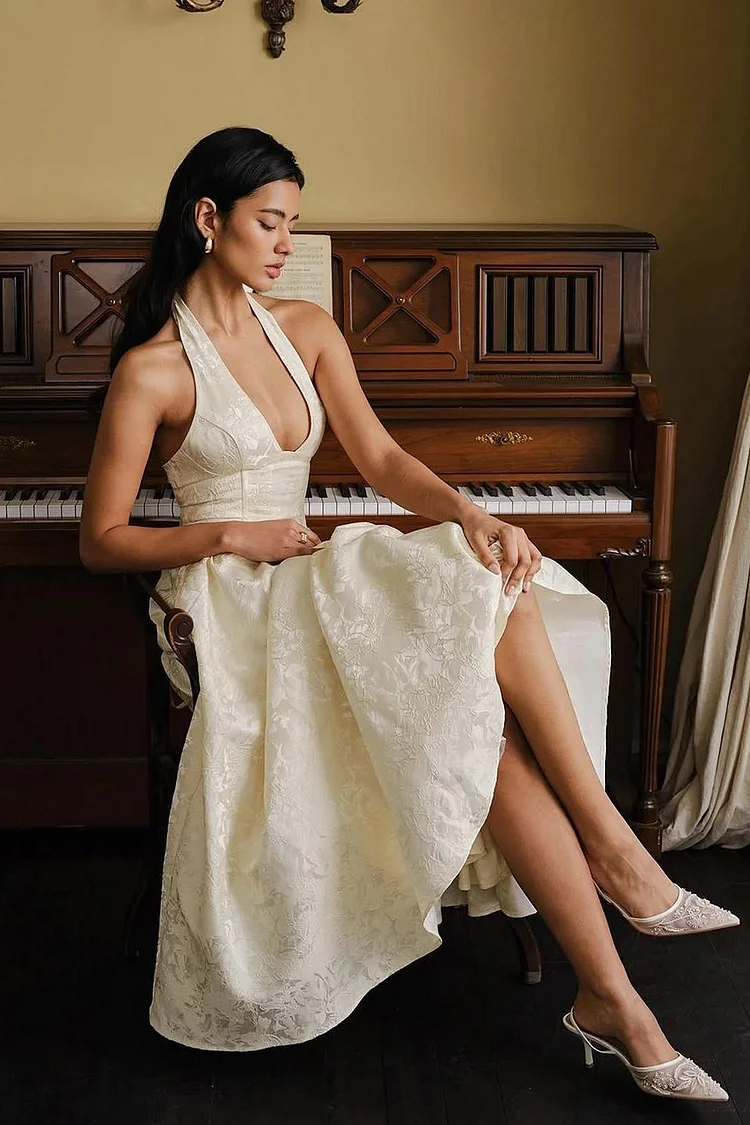 Halter Sleeveless High Waist A Line Prom Dress With Embroidery XJ0622