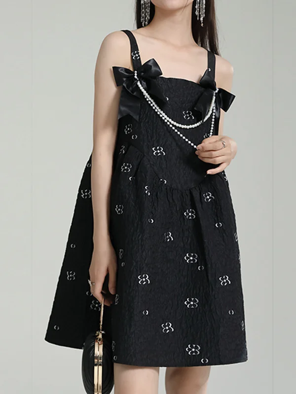 Roomy Sleeveless Bow-Embellished Jacquard Mini Dresses Slip Dress