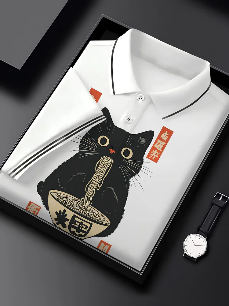 Men's A Cat Eating Ramen Striped Art Print Polo Shirt