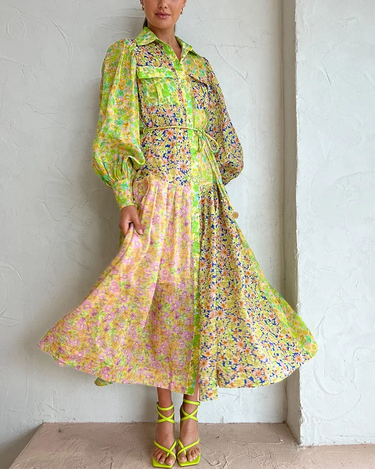 Romantic Pastoral Multicolor Flower Shirt Dress