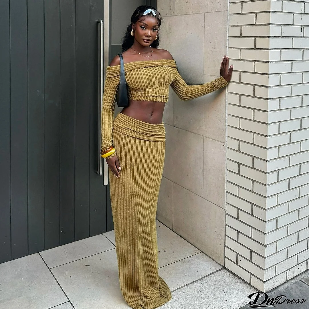Women autumn Crop Off Shoulder long sleeve Top and Skirt two-piece set