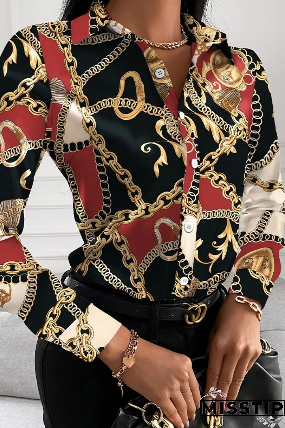 Black Red Casual Print Patchwork Shirt Collar Tops