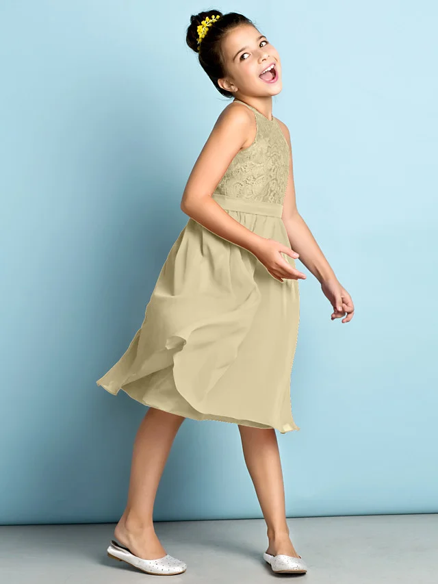 Daisda A-Line Jewel Neck Knee Length  Flower Girl Dress With Lace 