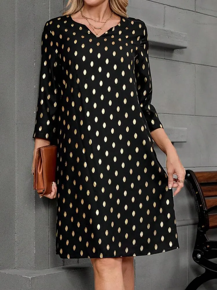 Women's Spring & Summer V-Neck 3/4 Sleeve Golden Dot Print Straight Dress