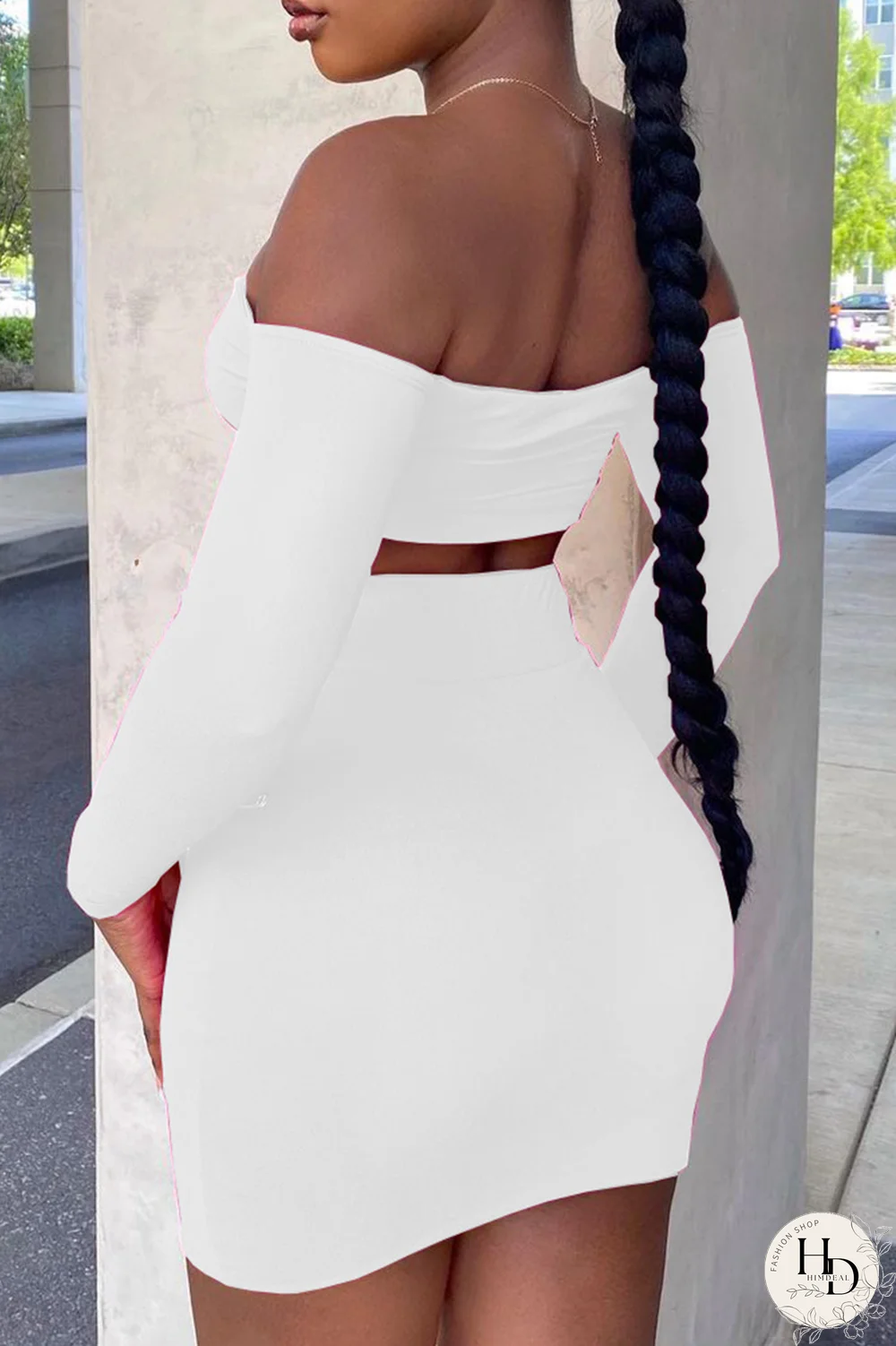 Black Sexy Solid Hollowed Out Off the Shoulder Long Sleeve Two Pieces