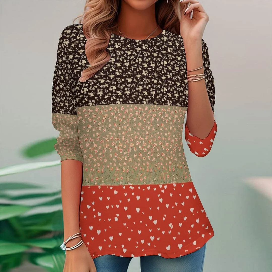 Vintage Printed Long Sleeve Plus Size Tunic for  Women and Men Unisex Pattern Floral,Heart,Red,Light Coffe,Navy,Stitch