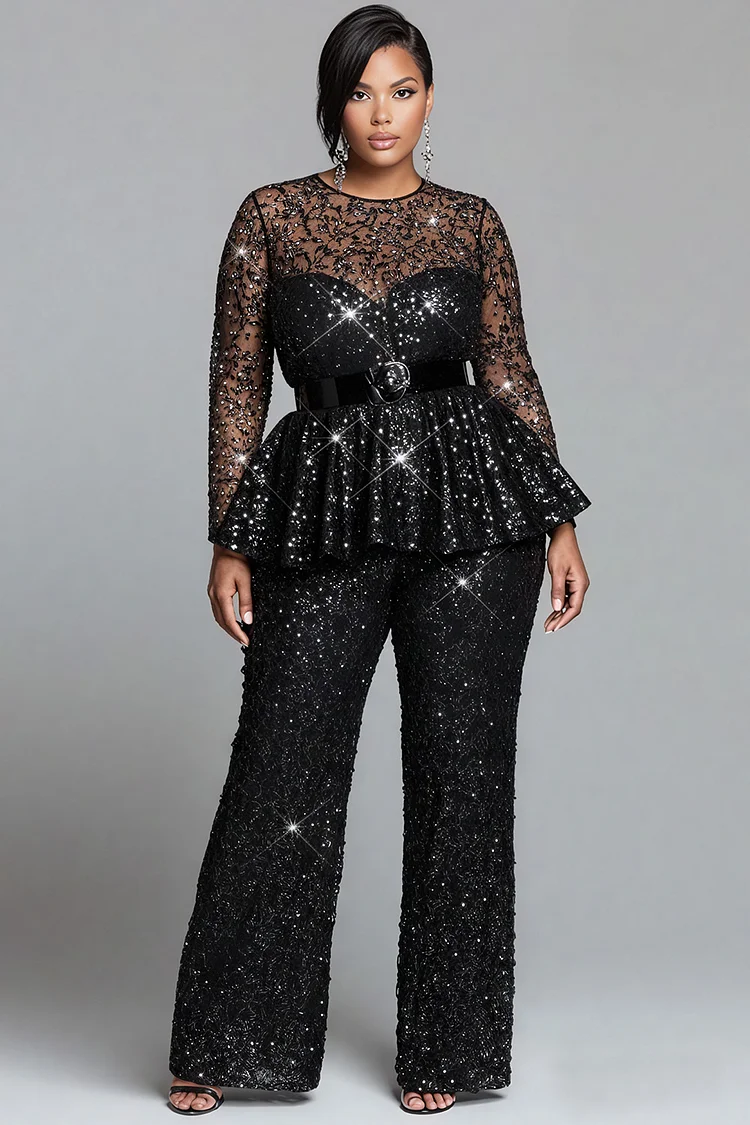 Xpluswear Design Plus Size Cocktail Party Black Round Neck Long Sleeve See Through Elegant Pocket Sequin Jumpsuits [Pre-Order]