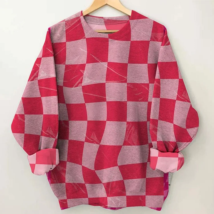 Women's Red Checked Pattern Print Long Sleeve Round Neck Sweatshirt