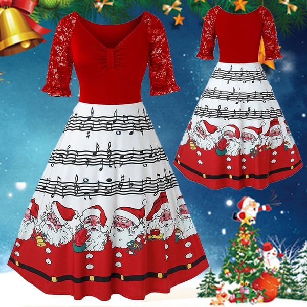 Women Christmas Printed Dress Lace Patchwork Music Santa Claus Print Elegant Vintage Swing Party Dresses - Shop Trendy Women's Fashion | TeeYours