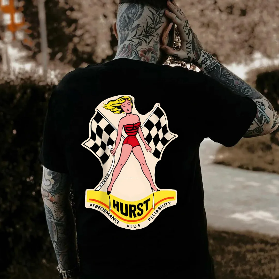 HURST PERFORMANCE PLUS RELIABILITY Sexy Lady&Racing Flag Print Men's T-shirt
