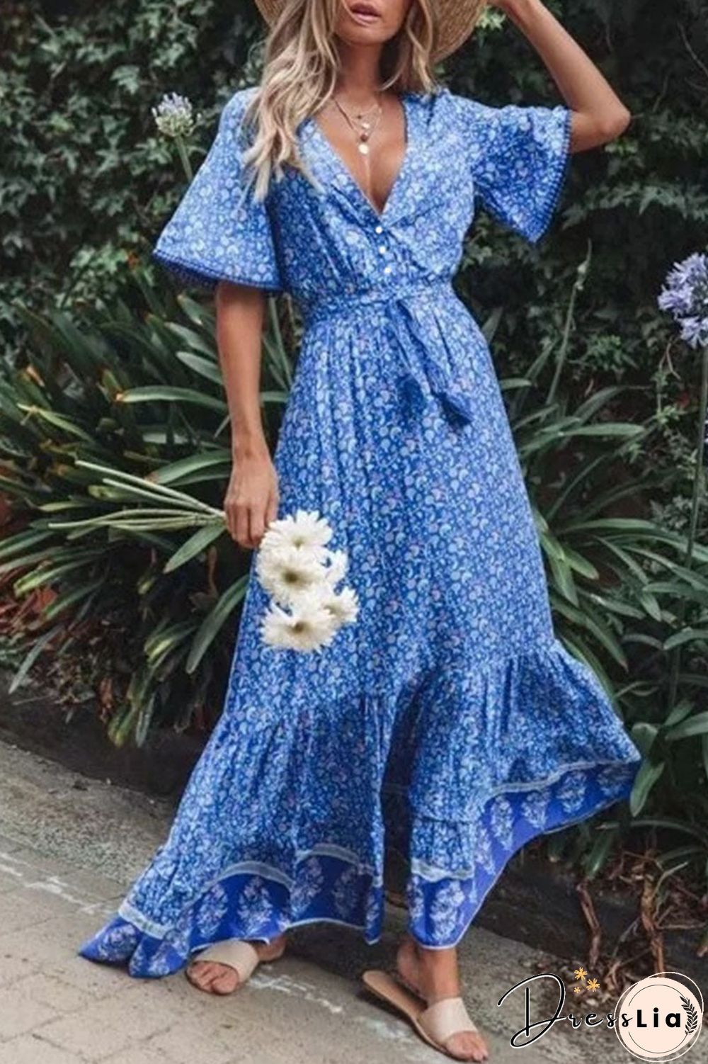 Fashion Elegant Print Split Joint V Neck Printed Dresses