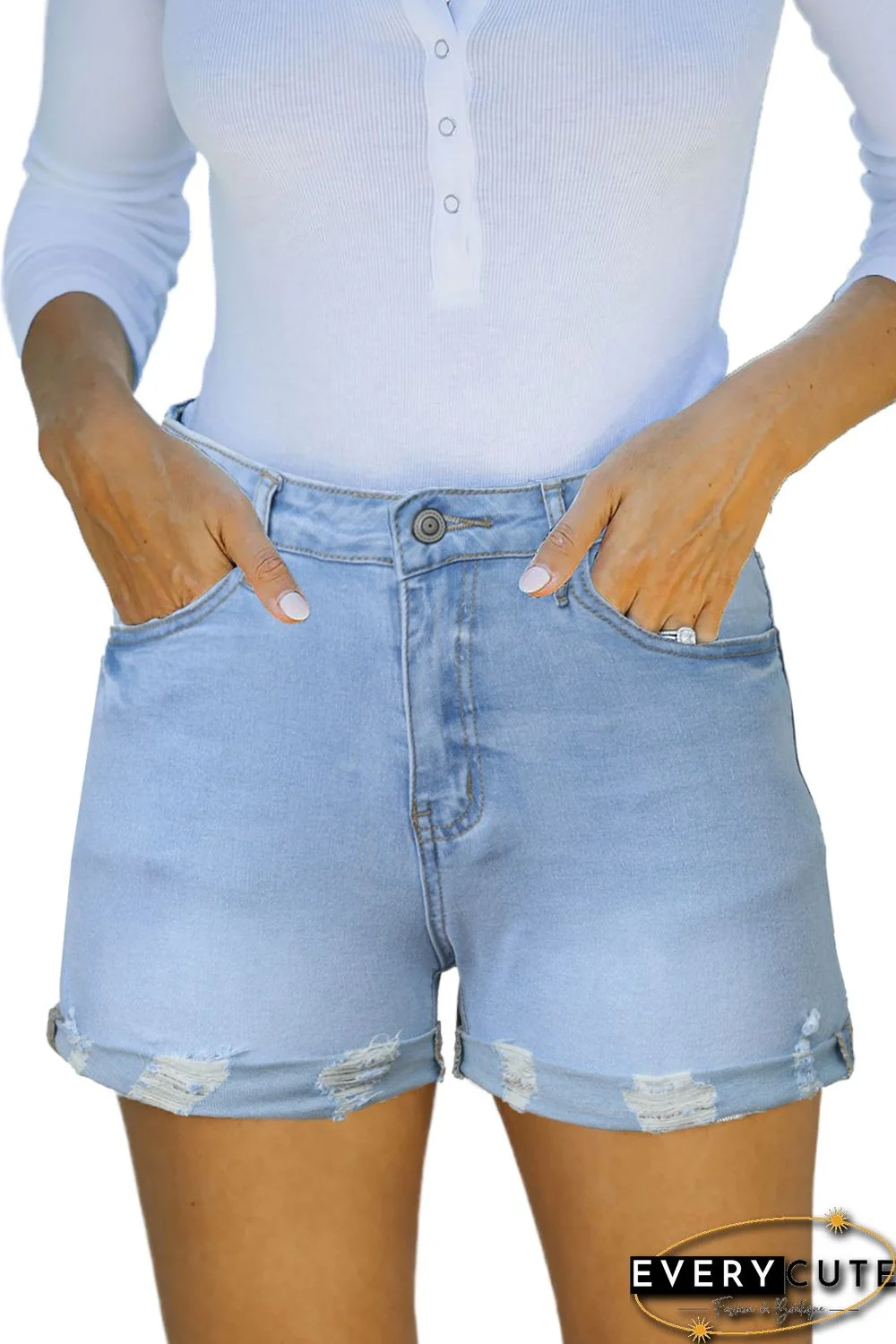 Sky Blue High Rise Cuffed Denim Shorts