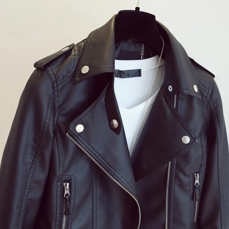 Fitaylor Female New Spring Autumn PU Leather Jacket Faux Soft Leather Coat Slim Black Rivet Zipper Motorcycle Pink Jackets