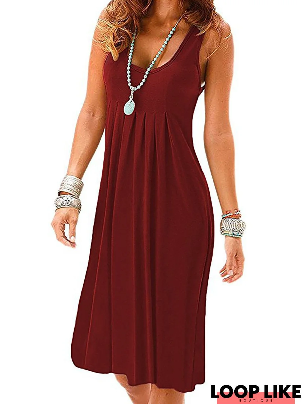 Round Neck Women Summer Dress Shift Beach Cotton-Blend Dress