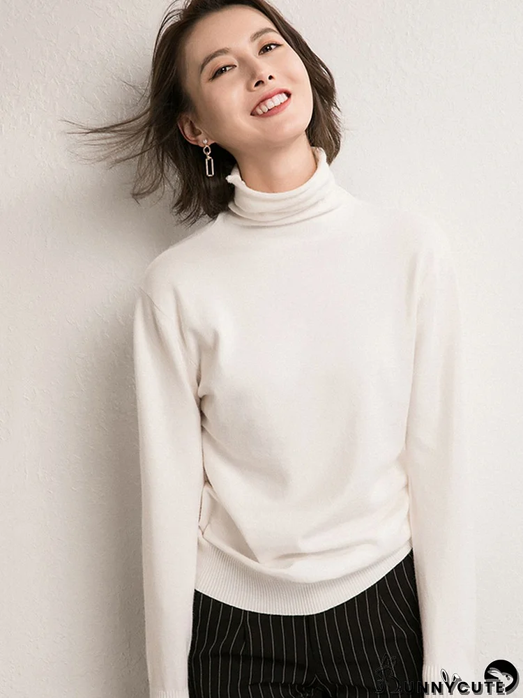 Simple Loose Long Sleeves Solid Color High-Neck Sweater Tops