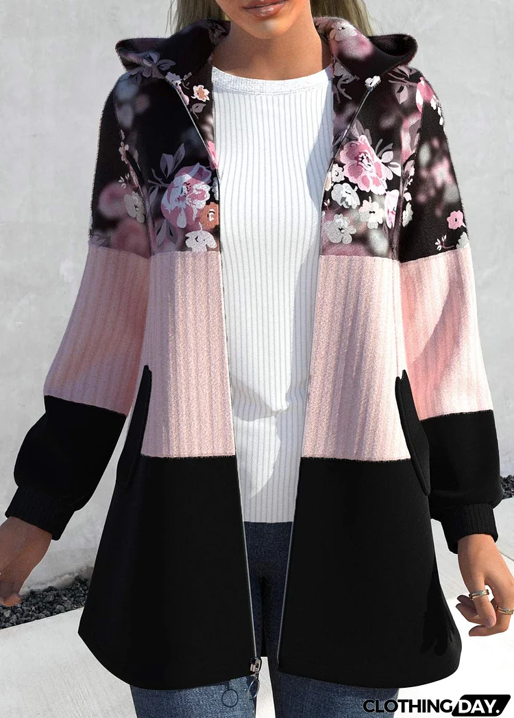 Light Pink Zipper Closure Floral Print Jacket