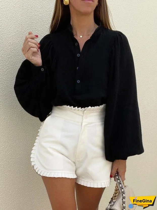 Cotton Linen Button Balloon Sleeve Blouse