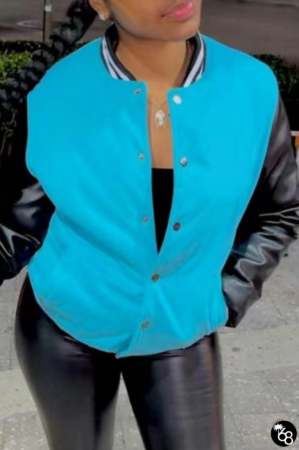 Lake Blue Casual Patchwork Contrast O Neck Outerwear | 168DEAL