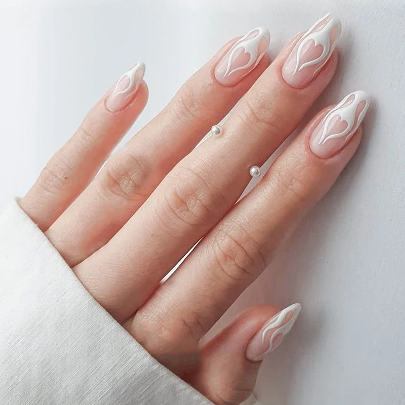 24pcs Blue Waves Printed False Nail Patch Glue Type Removable Long Paragraph Fashion Manicure Coffin Fake Nail Ballerina Art-Nail Inspo