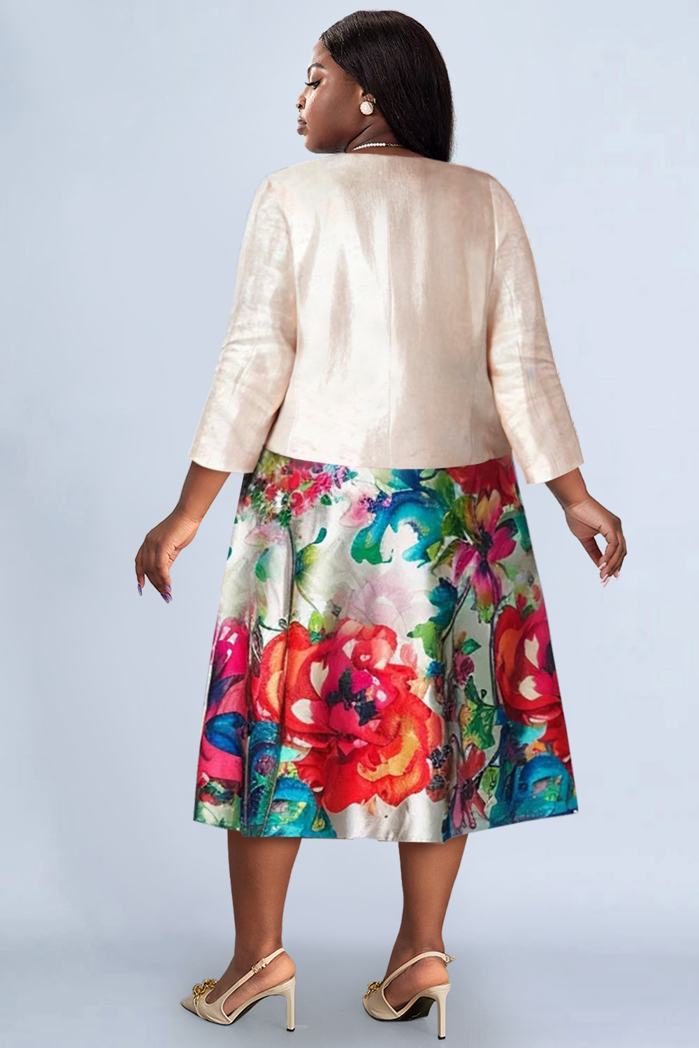 Design Plus Size Mother Of The Bride Dress Set Elegant Multicolor Floral Spring Summer Round Neck 3/4 Sleeve Satin Two Piece Dress Set [Pre-Order]