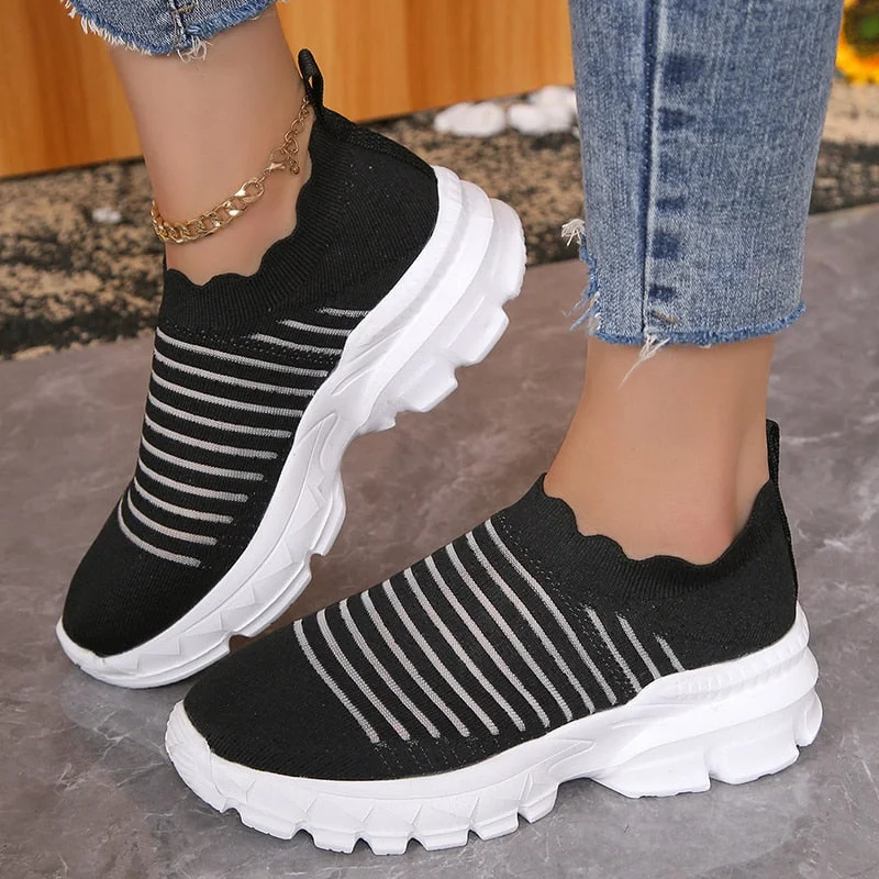 Vstacam Knitting Striped Platform Sneakers Women 2023 Autumn Breathable Sports Shoes Woman Elastic Slip-On Sock Shoes Ladies Super Size