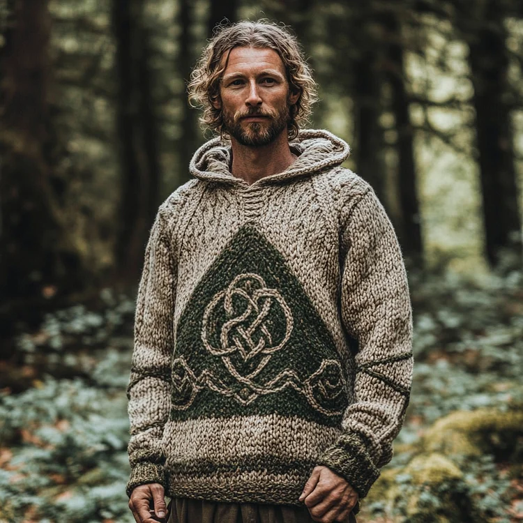 Men's Vintage Celtic Knot Knit Hooded Sweater