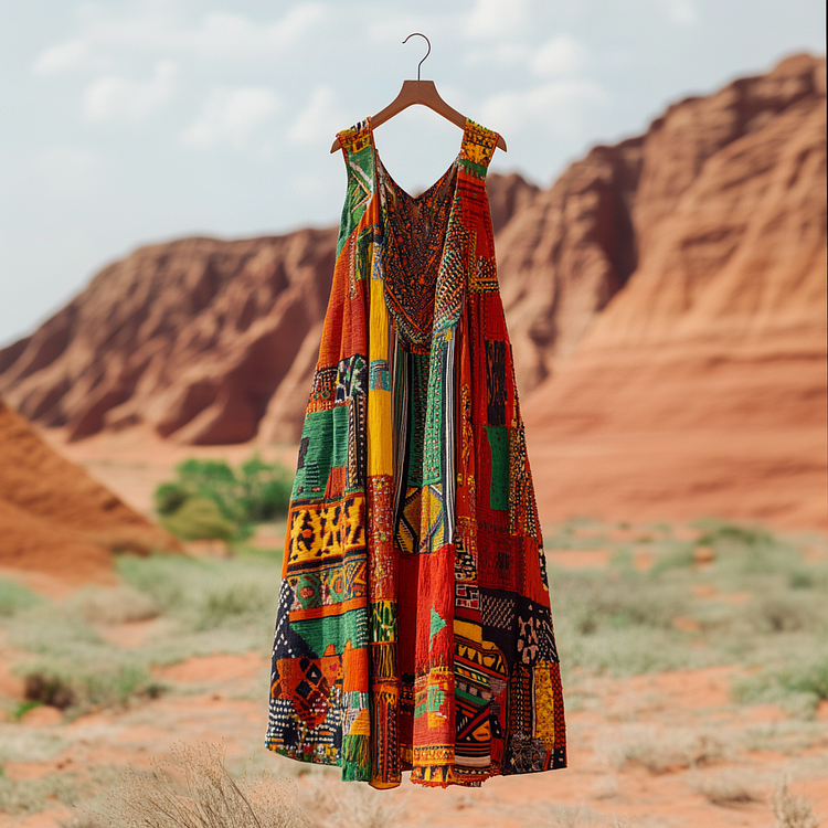 VChics Women's Vintage Juneteenth Black Pride African Geometric Art Pattern V-neck Loose Midi Dress