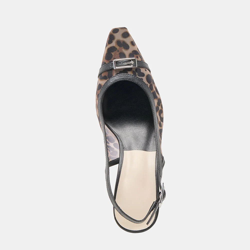 Beige Pointed Toe Leopard Print Slingback Flared Heel Pumps for Women