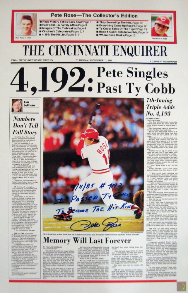 Pete Rose Breaks Ty Cobb Autographed Cincinnati Newspaper 15x24 Photo Poster painting ASI Proof