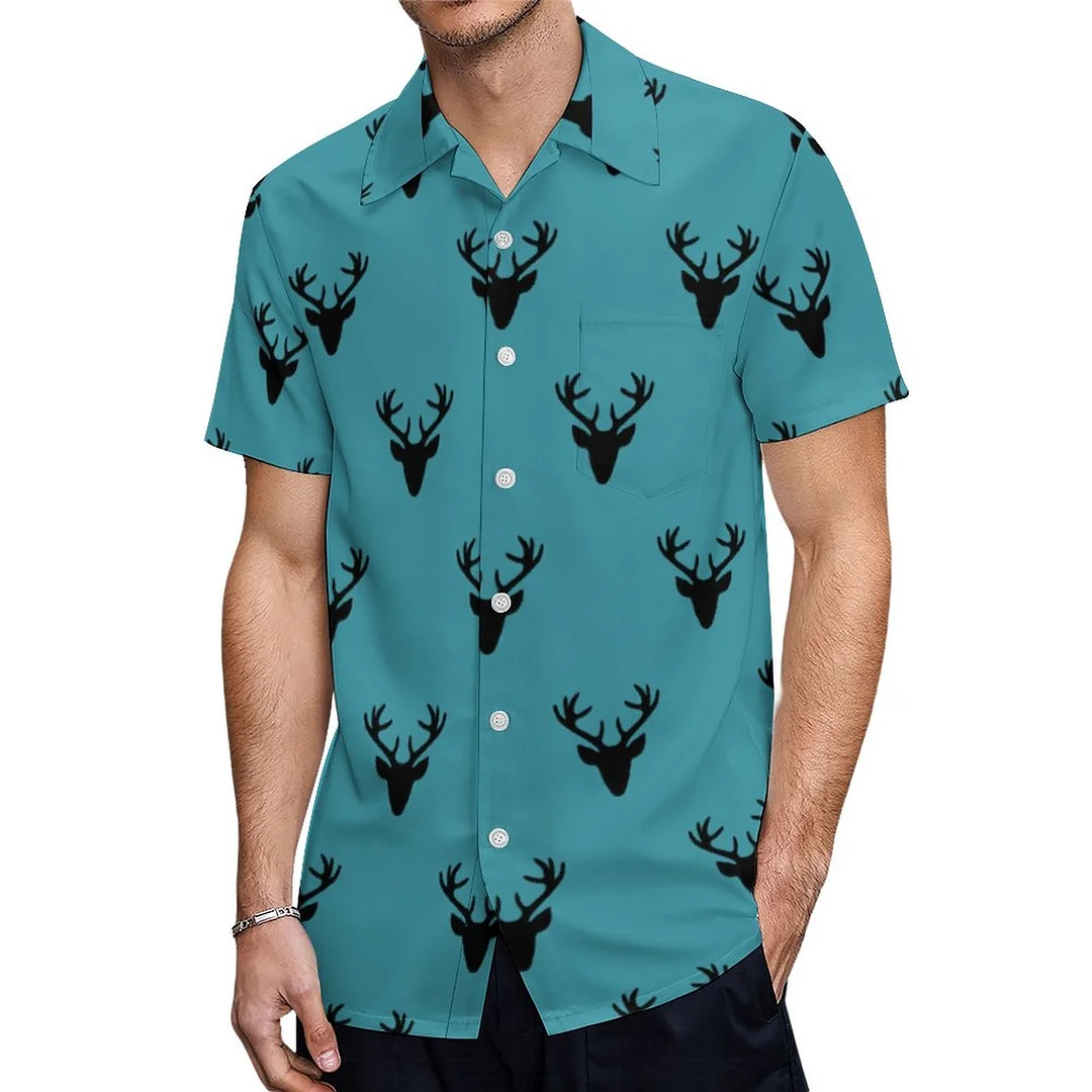 Short Sleeve Deer Head Antlers Hawaiian Shirt Mens Button Down Plus Size Tropical Hawaii Beach Shirts