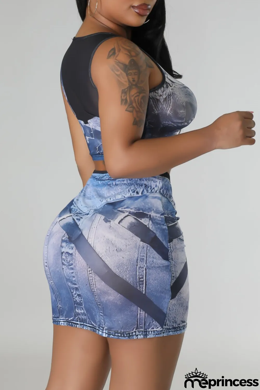 Blue Sexy Casual Print Patchwork O Neck Sleeveless Two Pieces