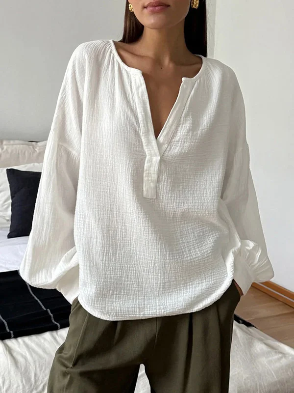 Split-Joint Solid Color Pleated Puff Sleeves Loose V-Neck Blouses&Shirts Tops