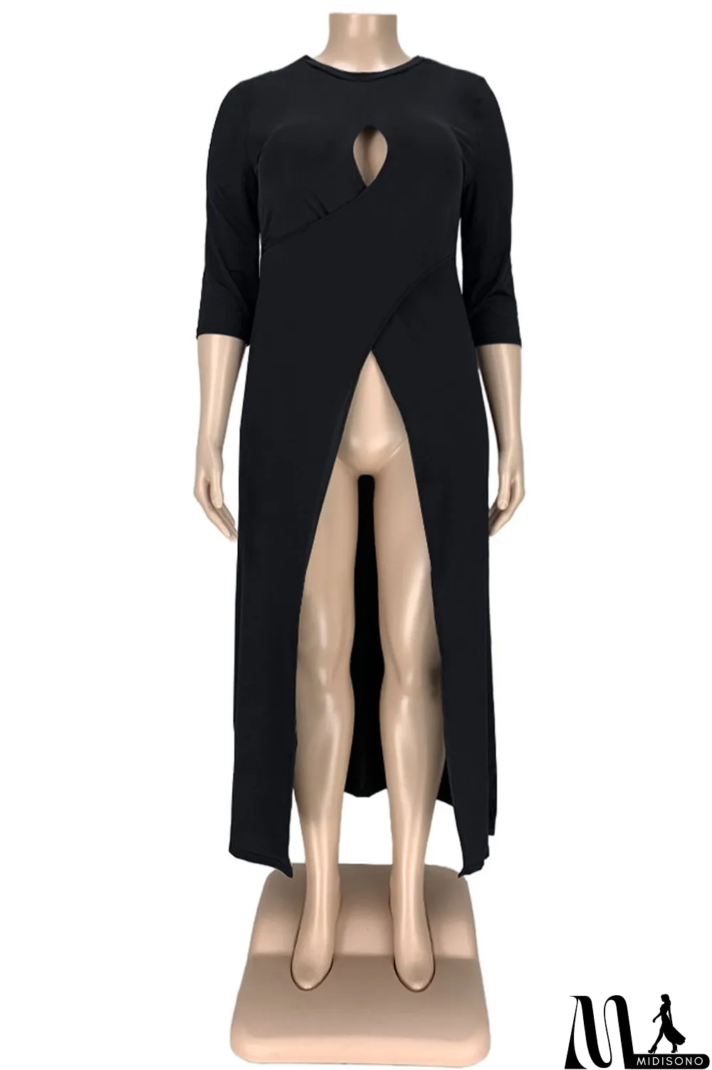 MidiSono - Army Green Sexy Solid Hollowed Out Slit O Neck Plus Size