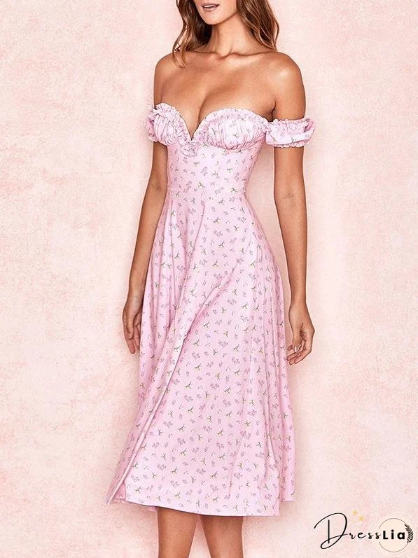 Card Shoulder Printed High Split Midi Dress