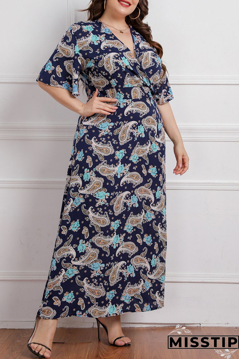 Deep Blue Fashion Casual Plus Size Print Patchwork V Neck Short Sleeve Dress